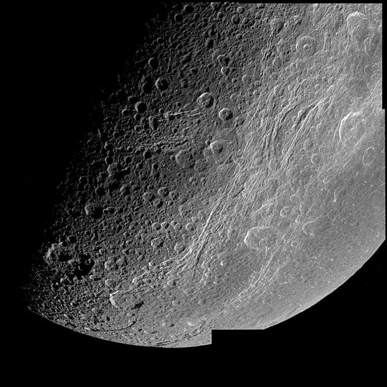 A Cassini high resolution image of Dione.